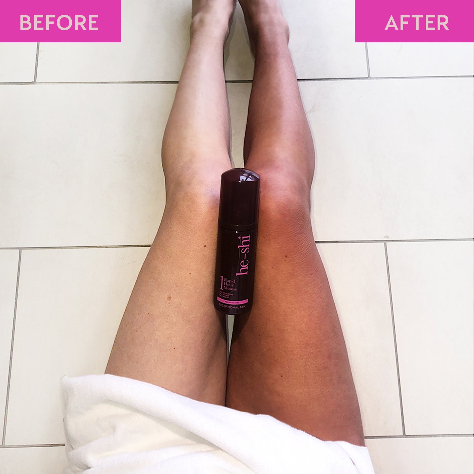 He-Shi Rapid 1 Hour Mousse in medium to dark shade, showcasing its lightweight texture in a clear bottle.