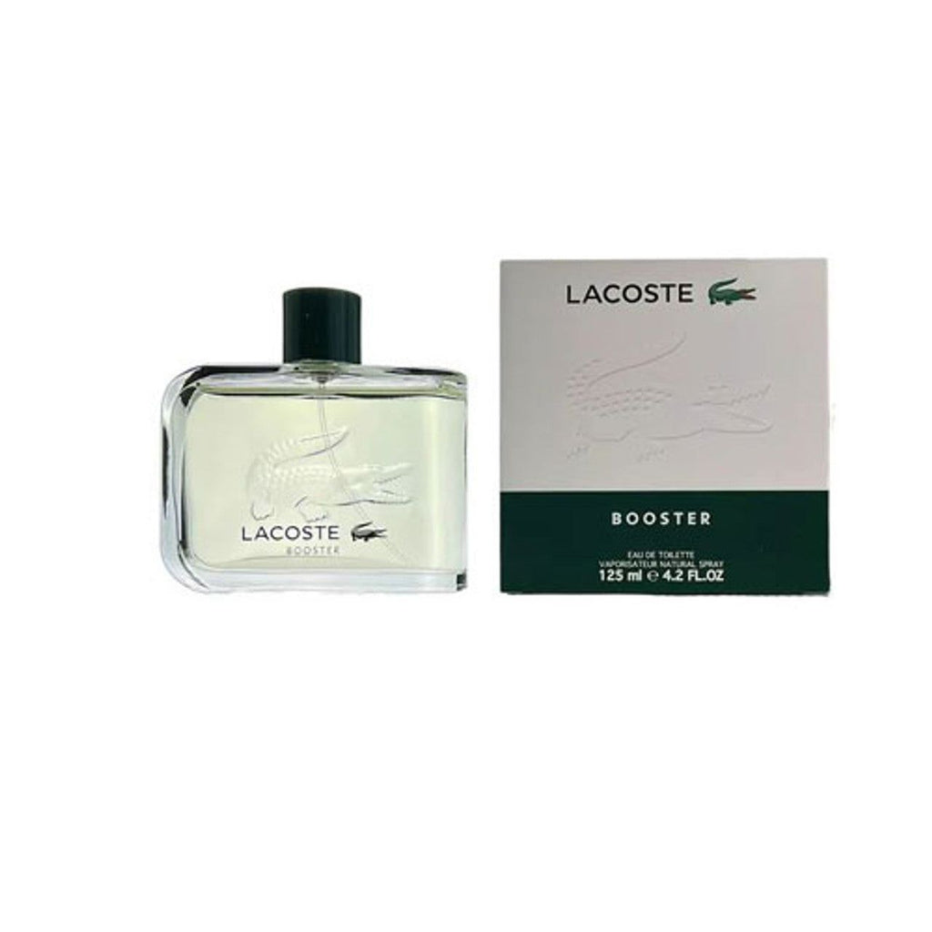 Lacoste Booster Eau De Toilette Spray 125ml with a sleek bottle design, featuring a vibrant color scheme.