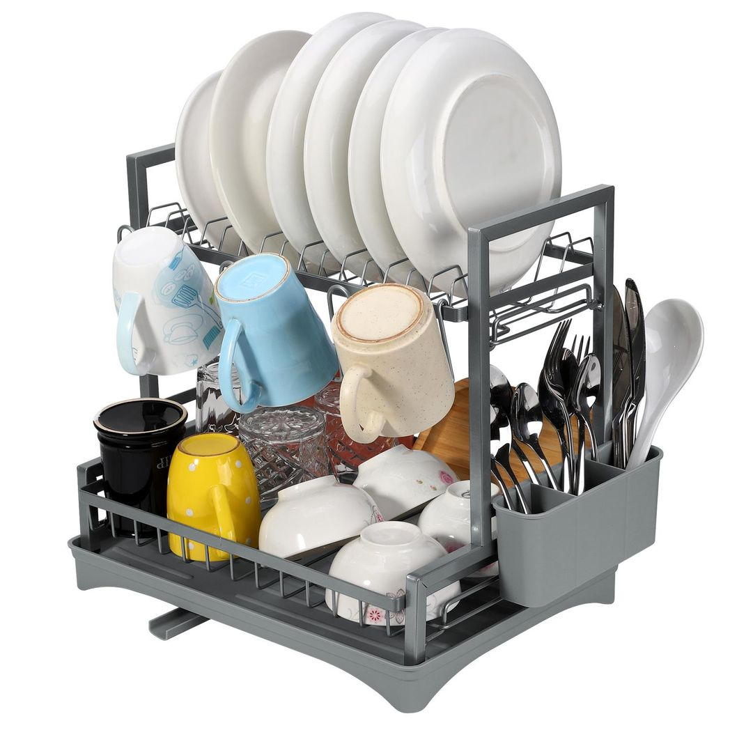 Grey 2 tier dish drainer by HomeCraft, featuring a detachable design for space-saving drying of dishes.