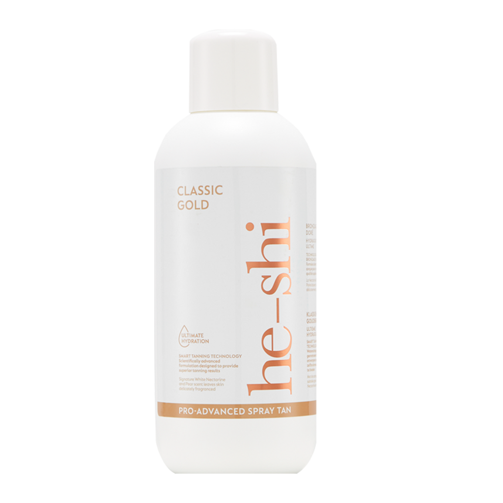 He-Shi Classic Gold Spraytan 1L bottle with medium tint, showcasing a sleek design and no smell self-tan formula.