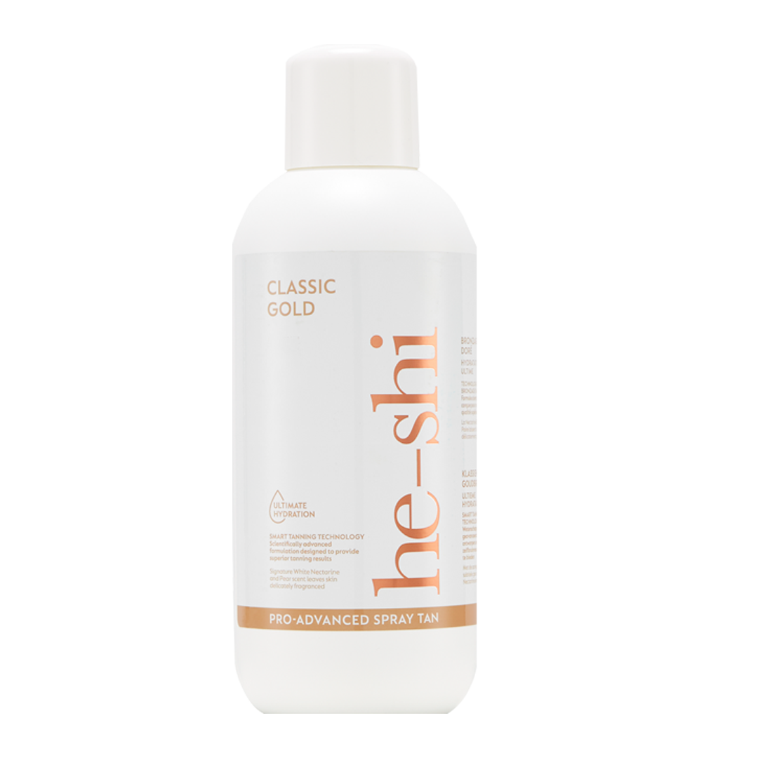He-Shi Classic Gold Spraytan 1L bottle with medium tint, showcasing a sleek design and no smell self-tan formula.