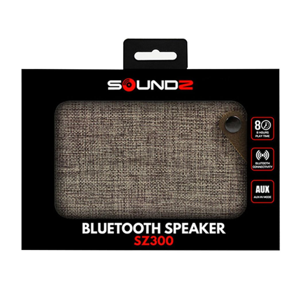 Brown Fabric Bluetooth Portable Speaker by Soundz, showcasing a sleek design and compact size for easy portability.