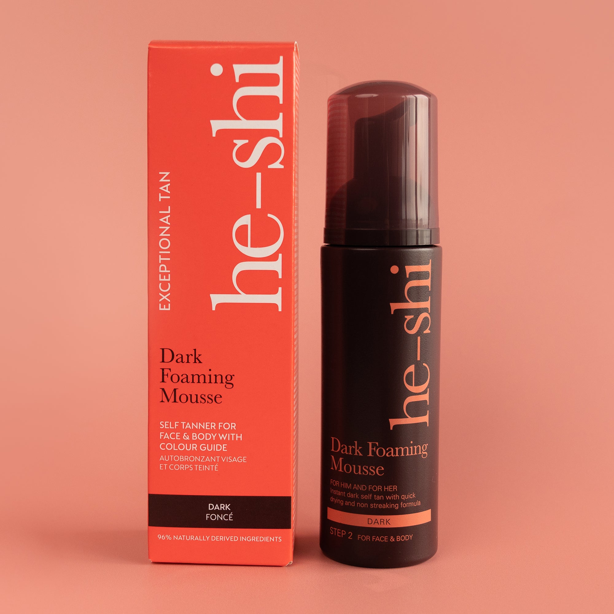 He-Shi Dark Foaming Mousse bottle with dark self-tan formula, showcasing quick-dry texture and easy application features.