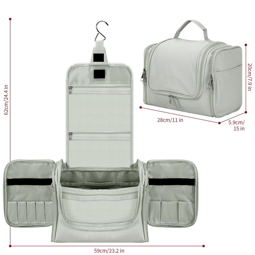 Light grey Vinsani toiletry bag hanging travel organizer with hook, featuring waterproof material and multiple compartments.