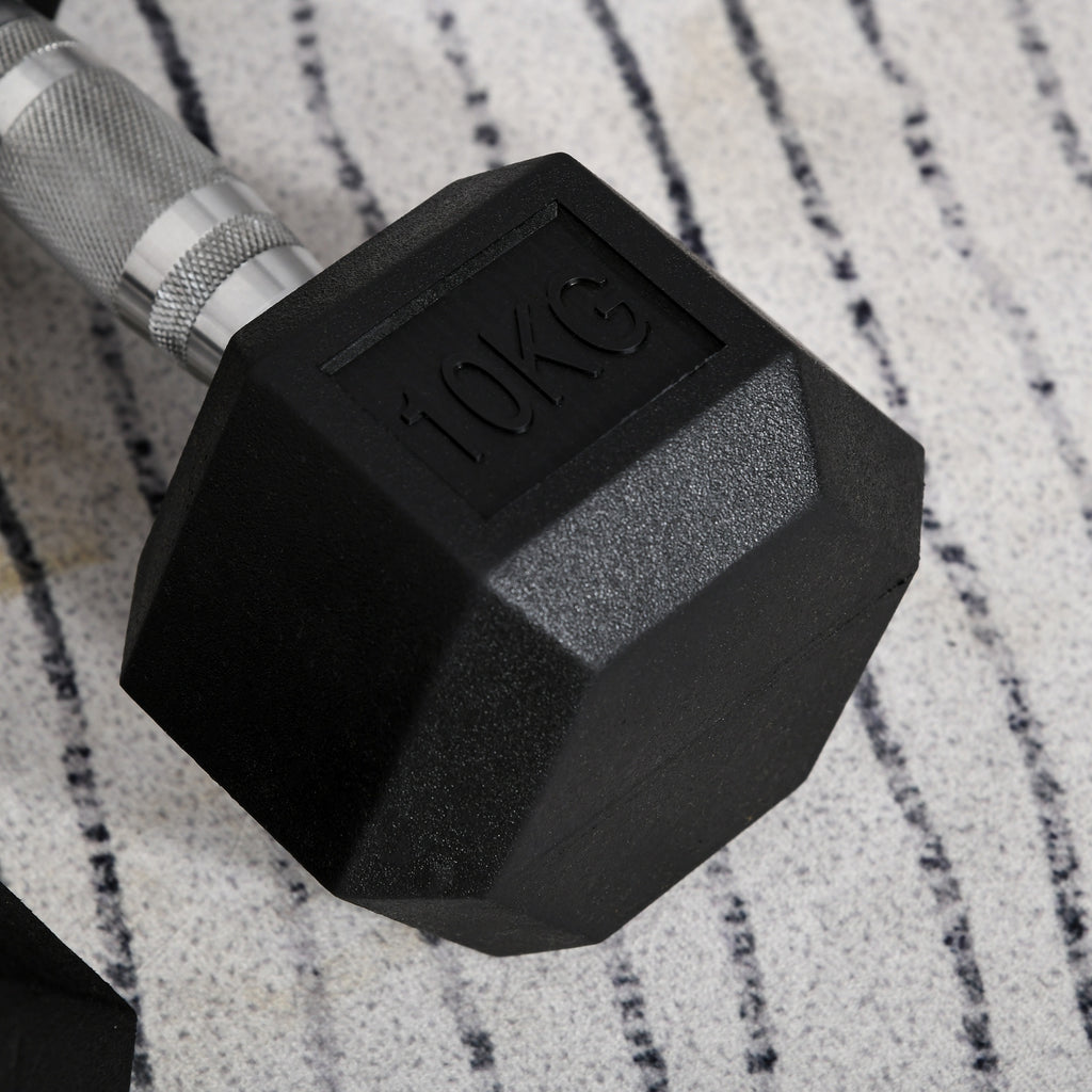 Hexagonal 10kg dumbbells for weight lifting, featuring a sturdy design for home fitness workouts.