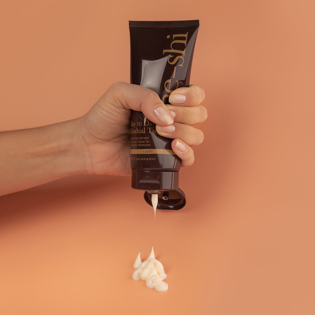 He-Shi Day to Day Gradual Tan 200ml nourishing cream tan in a sleek bottle with a pump for easy application.