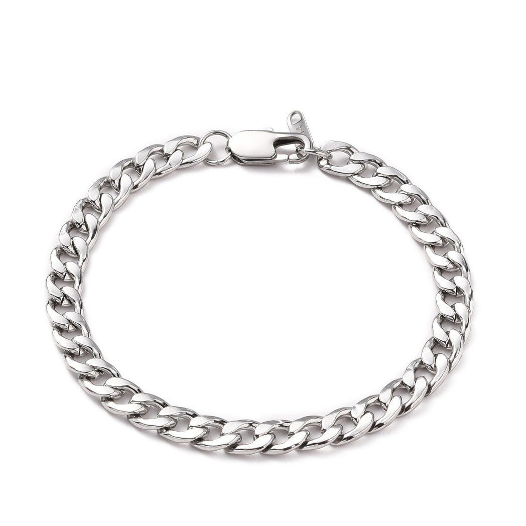 Mens Curb Chain Bracelet - Stainless Steel - Silver - 9 Inches