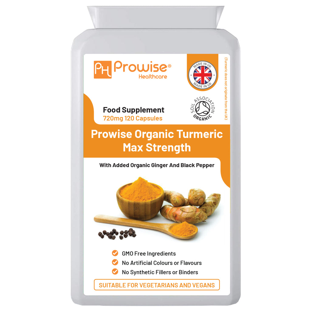 Organic Turmeric Curcumin 720mg capsules with black pepper by Prowise, displayed in a bottle with 120 capsules visible.