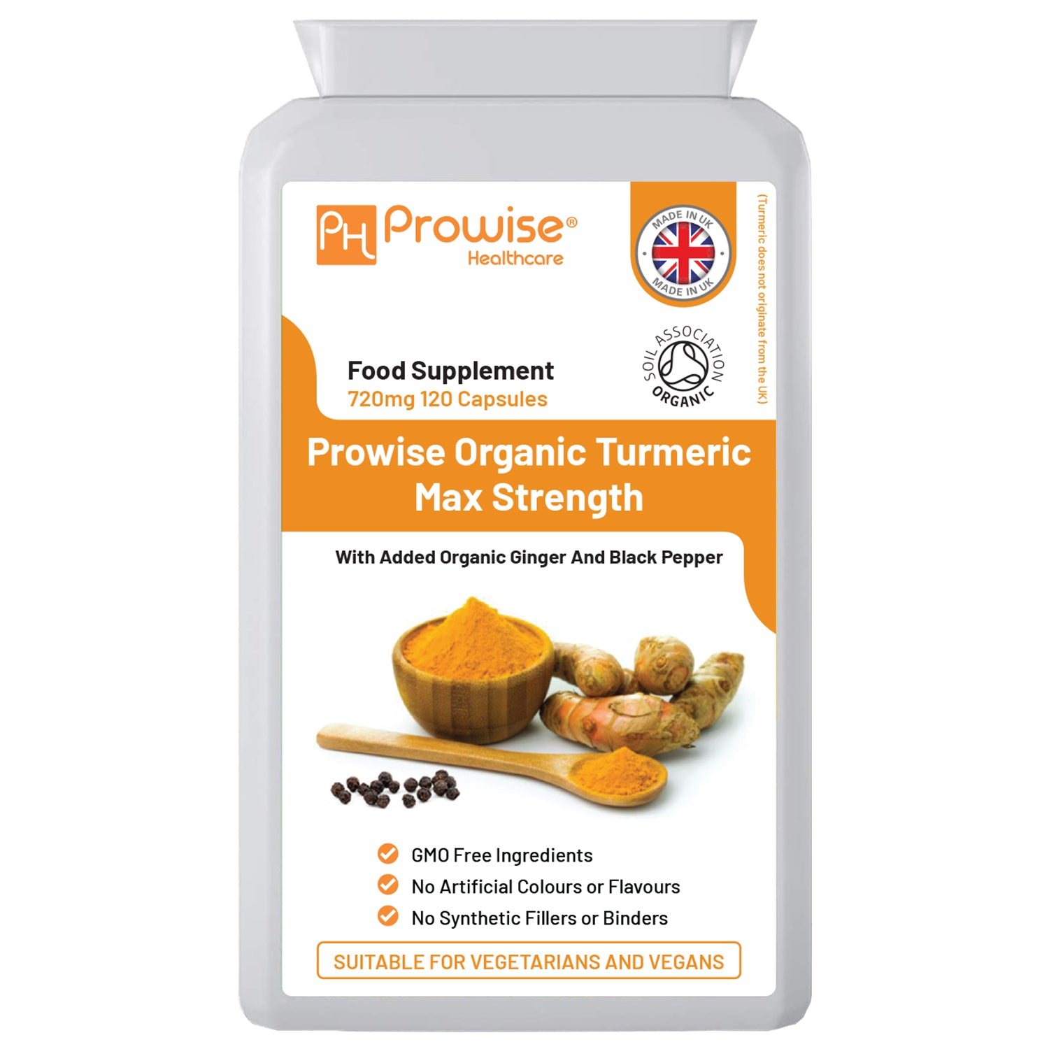 Organic Turmeric Curcumin 720mg capsules with black pepper by Prowise, displayed in a bottle with 120 capsules visible.