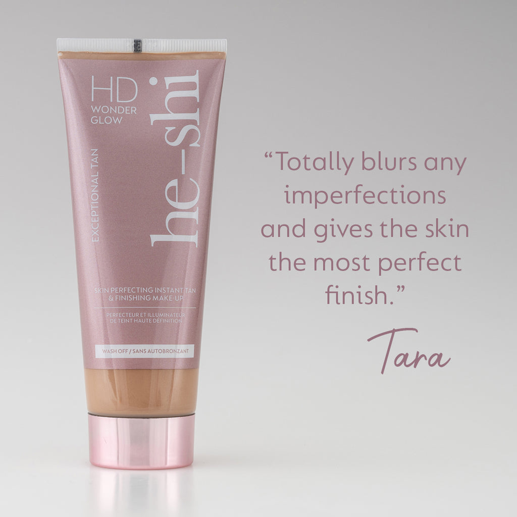 He-Shi HD Wonder Glow body makeup, showcasing a smooth, shimmering texture suitable for a radiant finish.