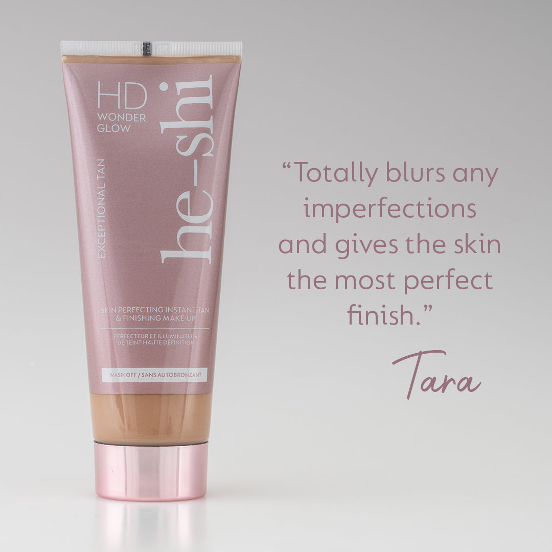 He-Shi HD Wonder Glow body makeup, showcasing a smooth, shimmering texture suitable for a radiant finish.