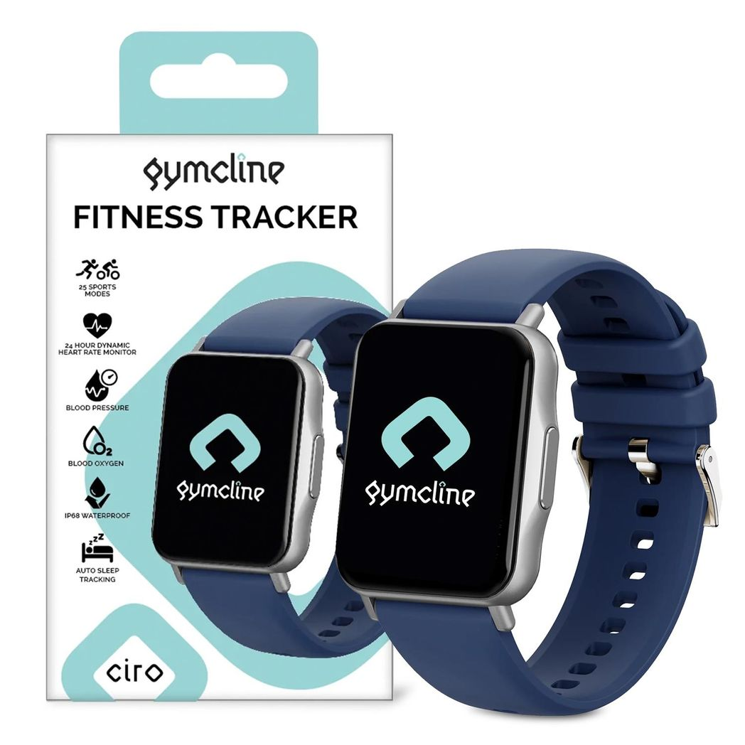 ActiveGear Gymcline fitness tracker in navy, showcasing 25 sports modes and IP68 water protection features.