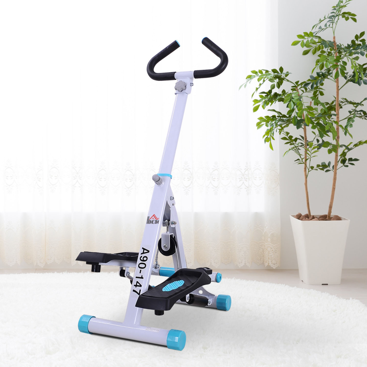 Foldable ActiveGear stepper fitness machine with handlebar for effective cardio workouts, shown from a side angle.