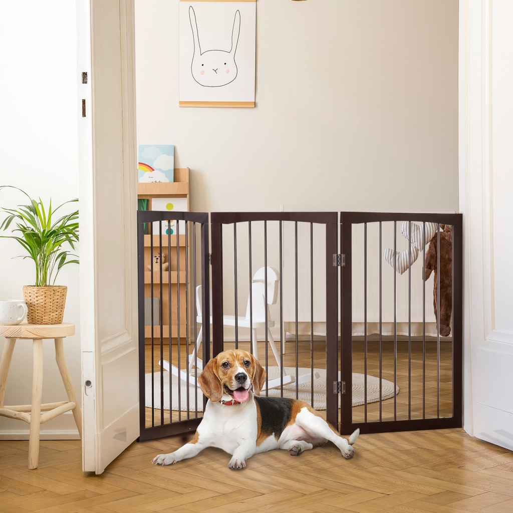 Pawhut folding pet gate made of durable pine wood, featuring a free-standing design for indoor child safety.