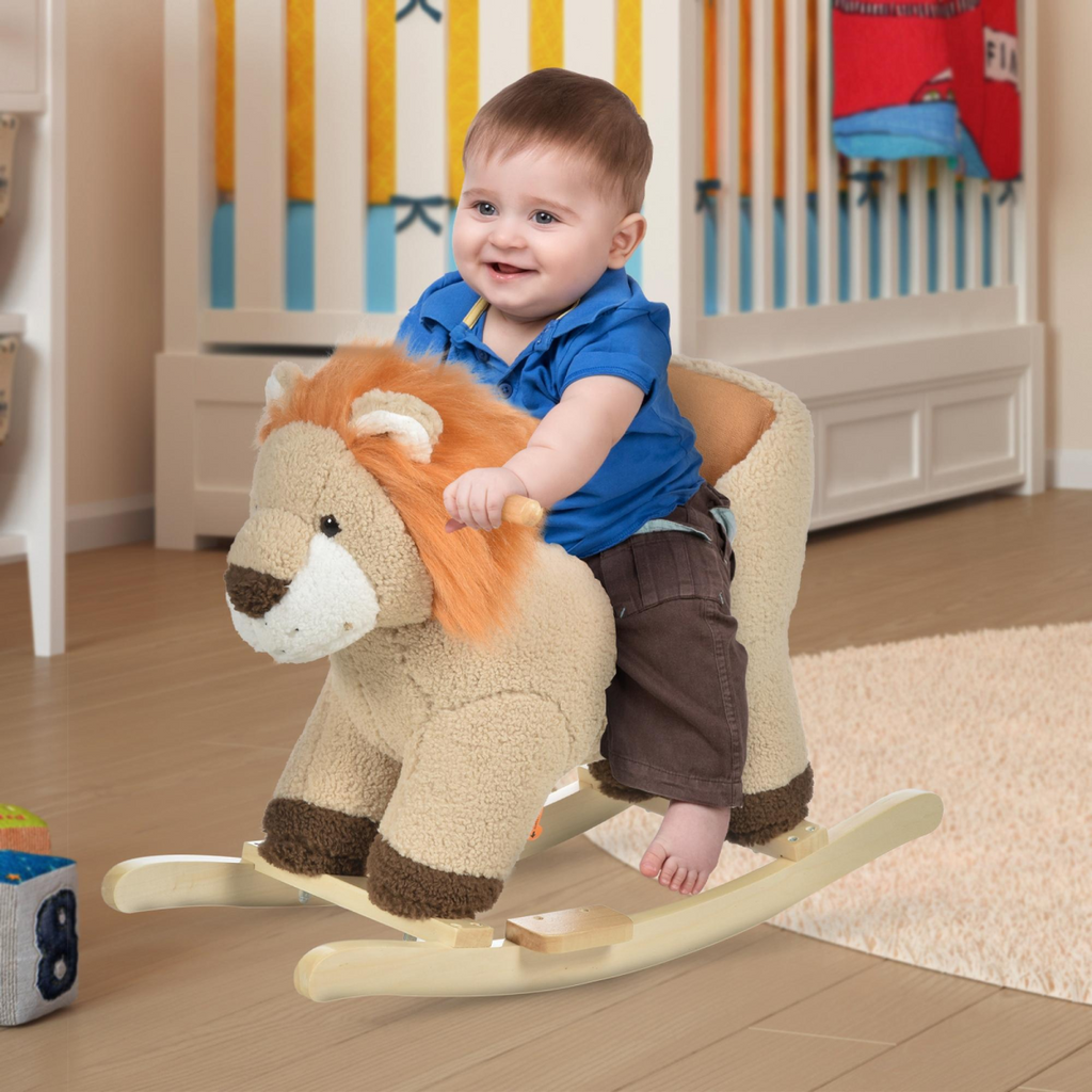 Kids rocking lion plush ride-on by FunZone with sound button and seat belt, designed for ages 18-36 months.