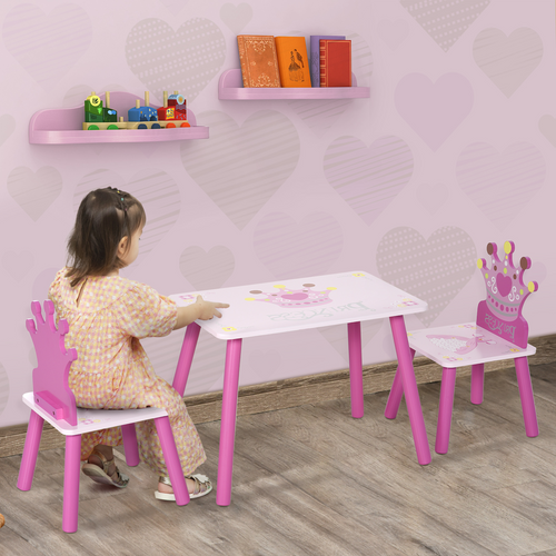 3-piece pink kids table and chair set with crown design, perfect for ages 2-4, by FunZone. Ideal for playtime and activities.