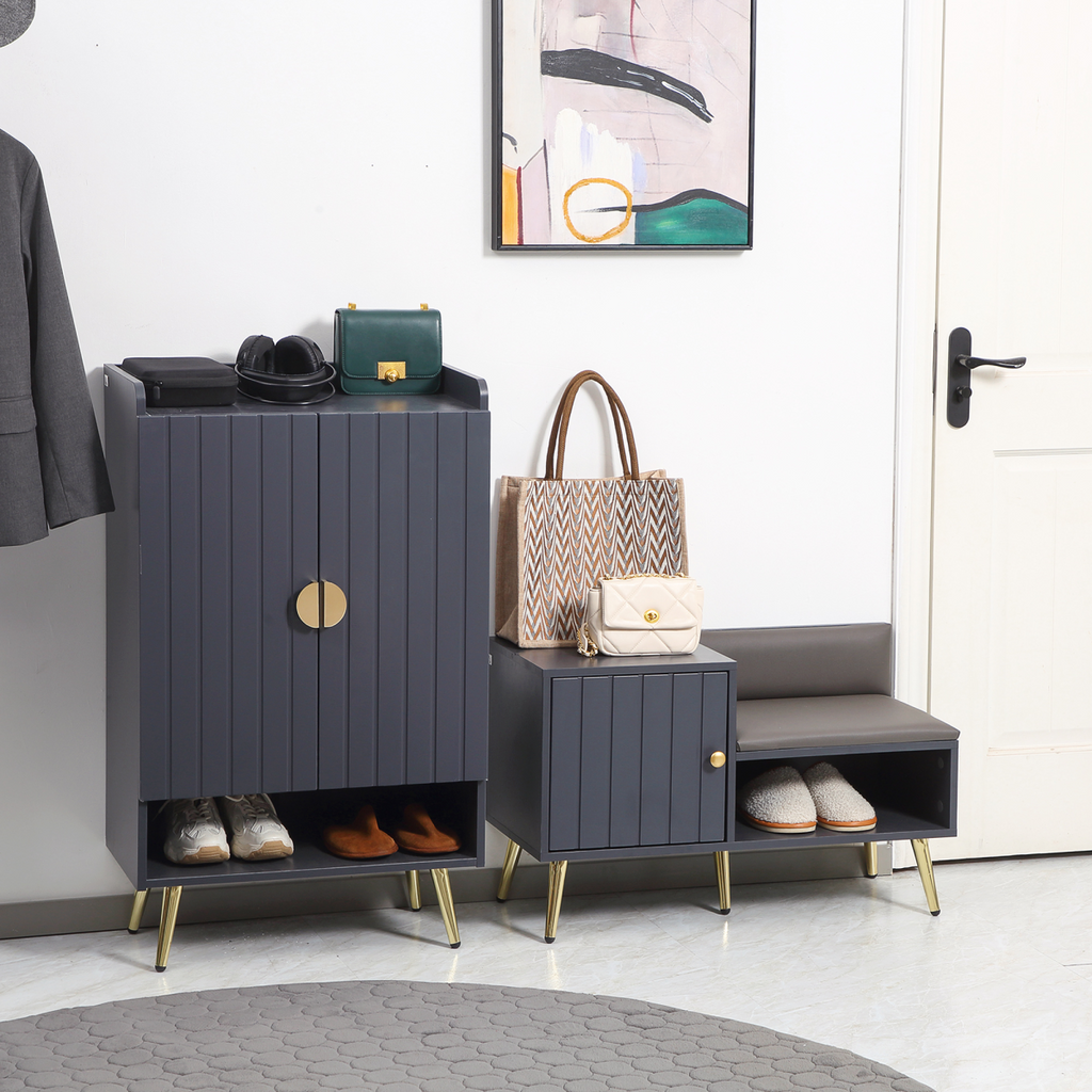 Grey shoe bench with storage cabinet and seating cushion for entryway or hallway by HomeCraft.