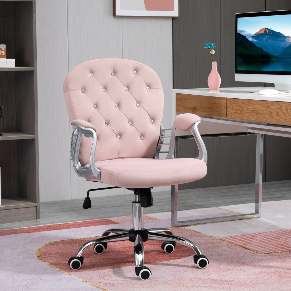 Luxury velour pink ergonomic office chair with diamond tufting and 360° swivel feature, designed for comfort and style.