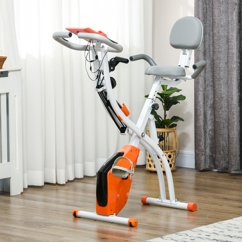HOMCOM 2-in-1 upright exercise bike in orange with adjustable settings and pulse sensor, showcasing its sleek design.