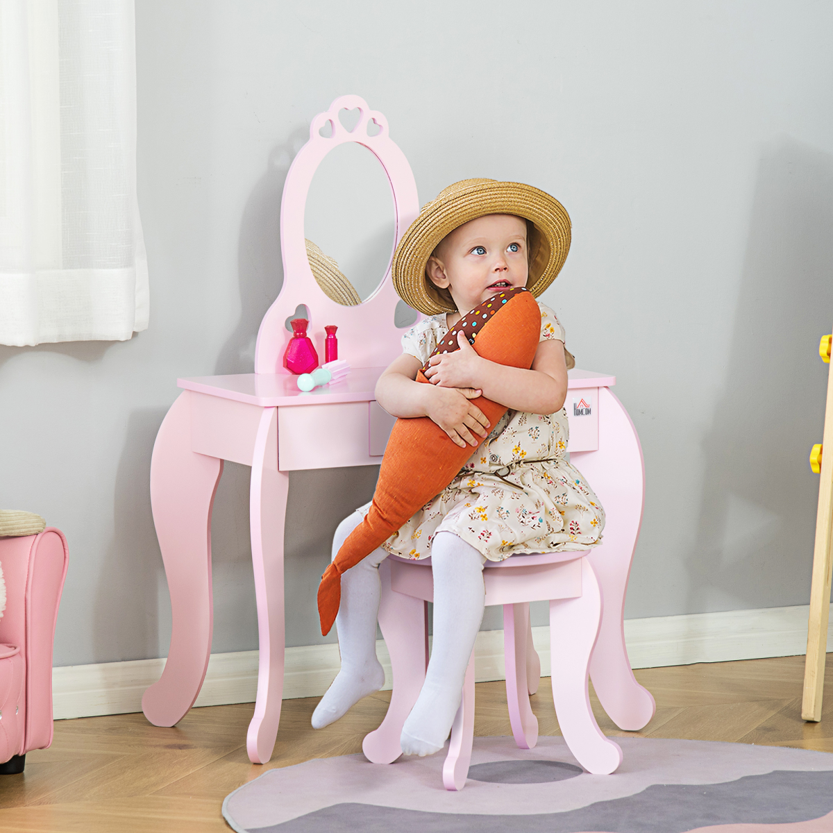 Kids Vanity Table & Stool Girls Dressing Set Make Up Desk with Mirror HOMCOM