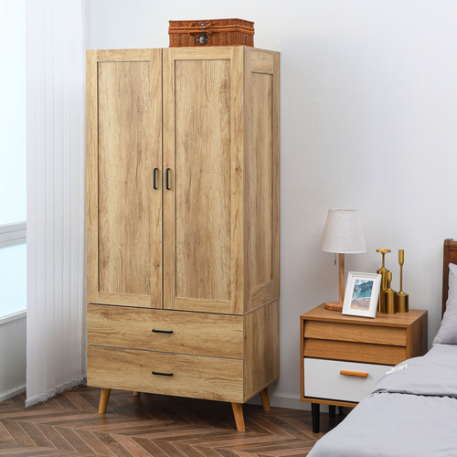 Natural wood 2 door wardrobe by HOMCOM with 2 drawers and hanging rail, 185cm height, showcasing storage space.