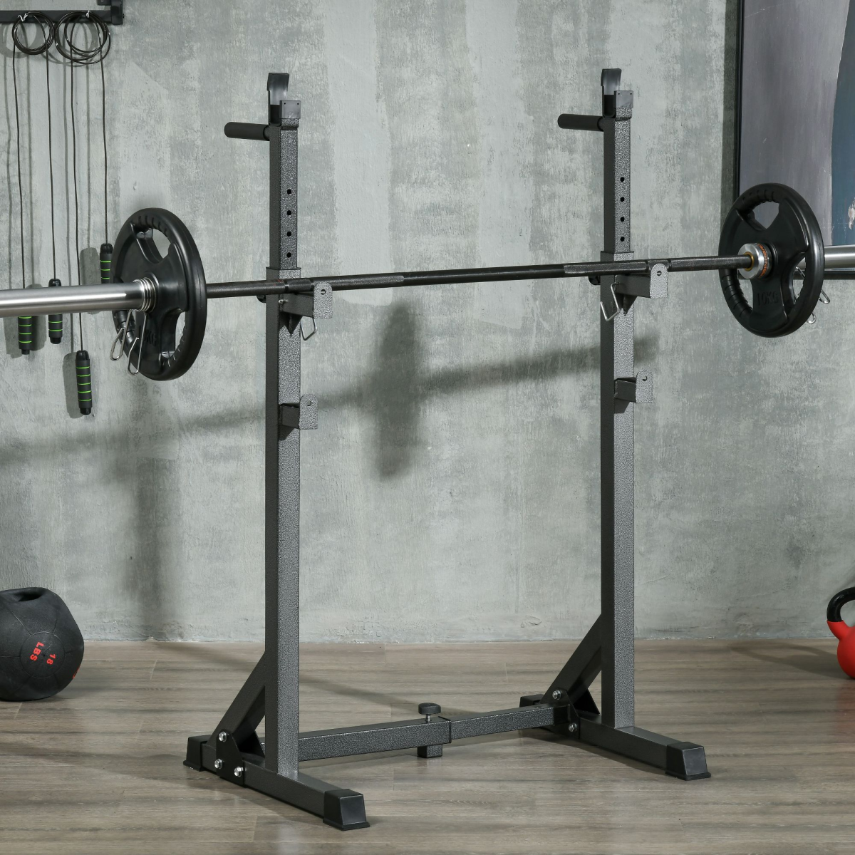 Heavy duty SPORTNOW squat rack with adjustable weight barbell stand, ideal for home and gym workouts.