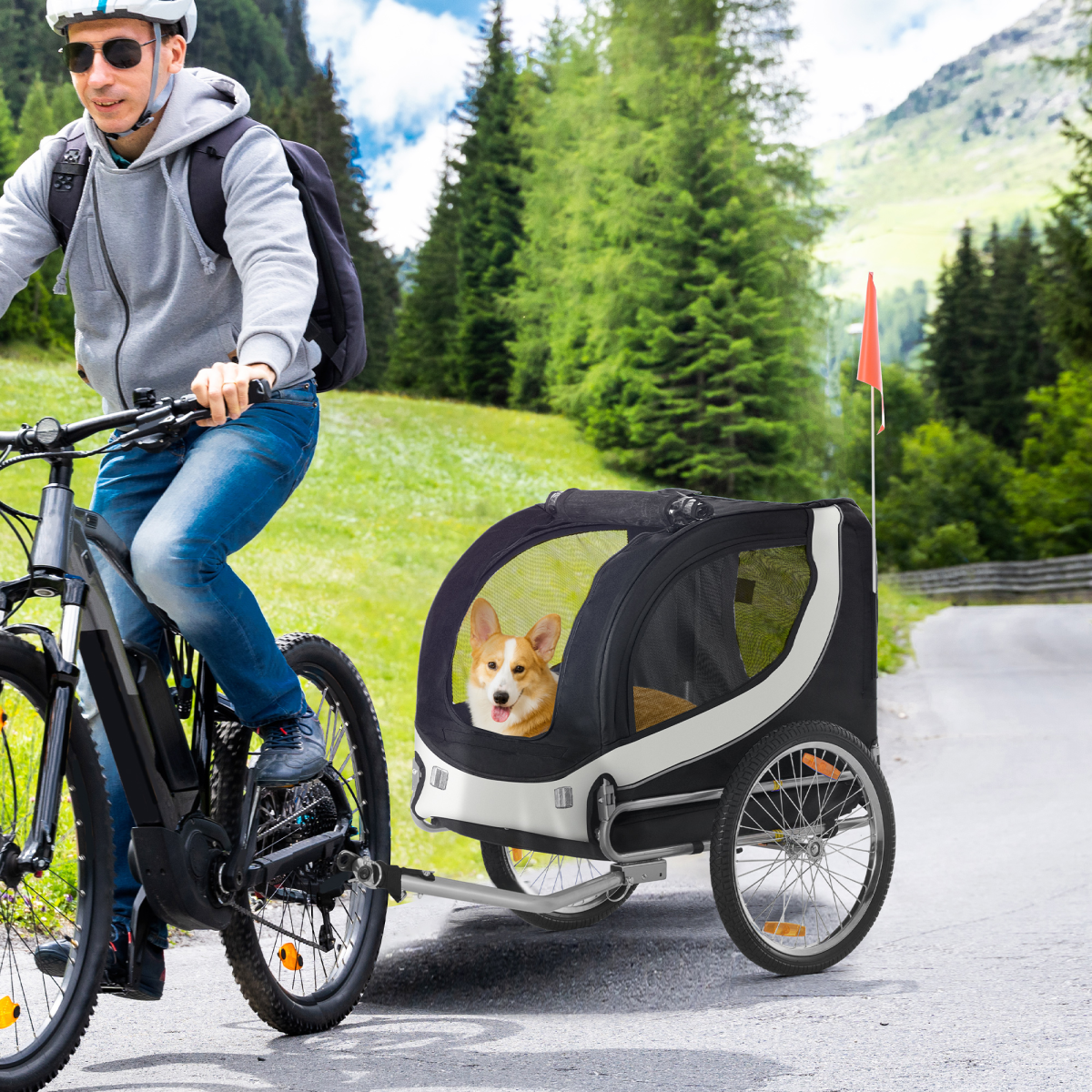 Pawhut black pet bicycle trailer for dogs and cats, featuring a water-resistant design and sturdy steel construction.