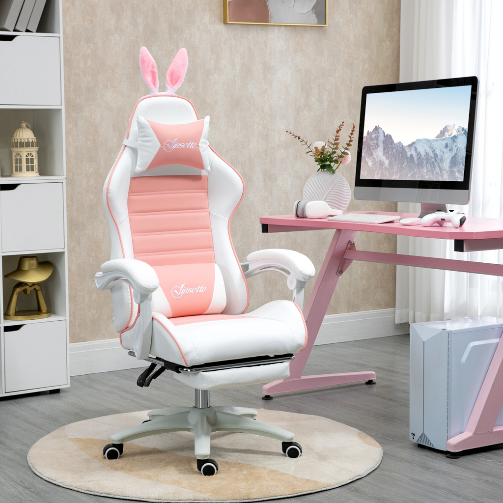 Vinsetto pink racing style gaming chair with footrest and removable rabbit ears, showcasing ergonomic design and vibrant color.