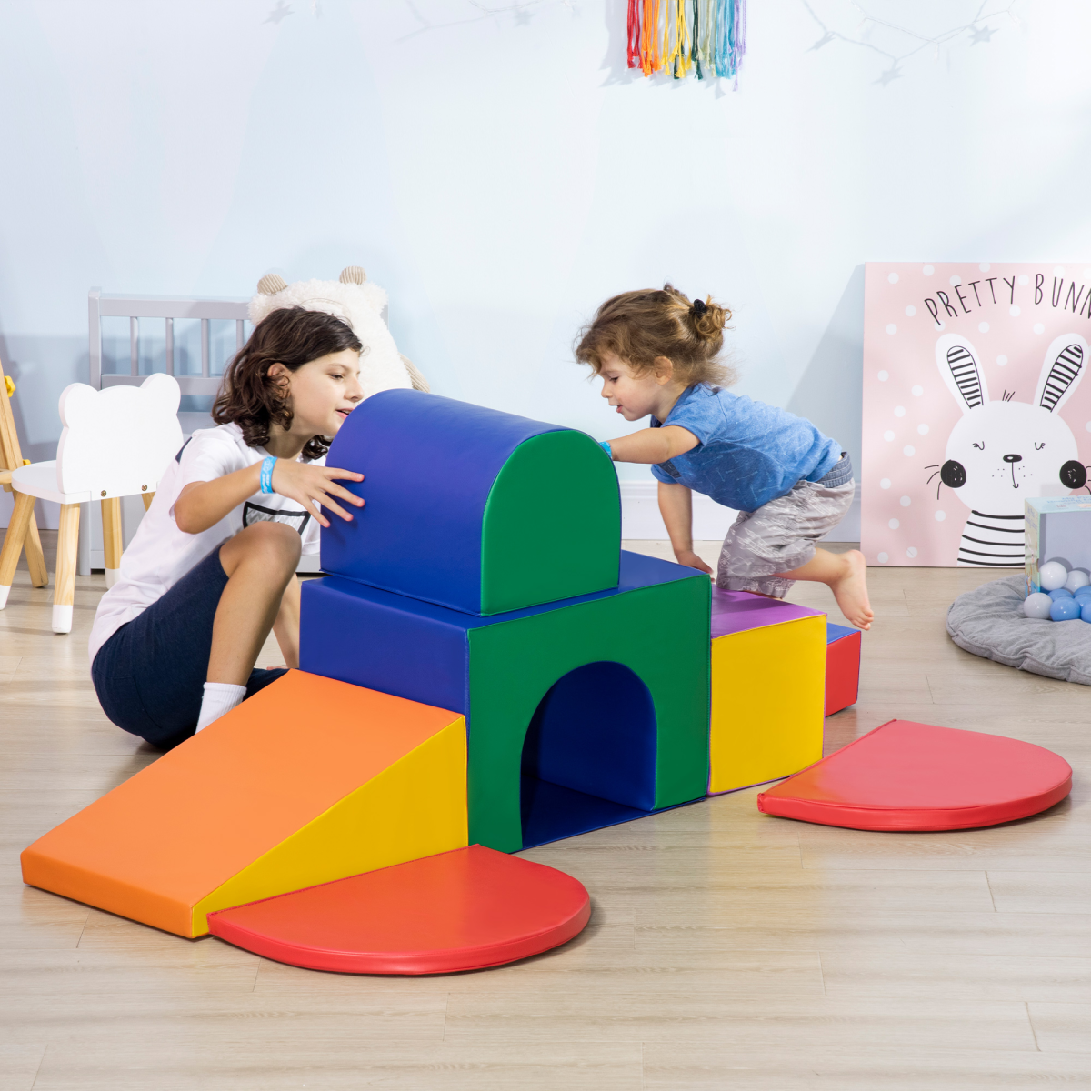 7-piece FunZone kids foam soft play set with colorful toddler climbers and play structures for ages 12-36 months.