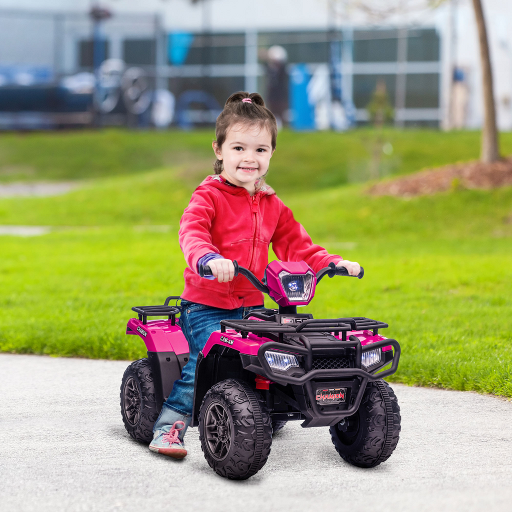 HOMCOM pink 12V electric quad bike for kids, featuring LED headlights and music, suitable for ages 3-5.
