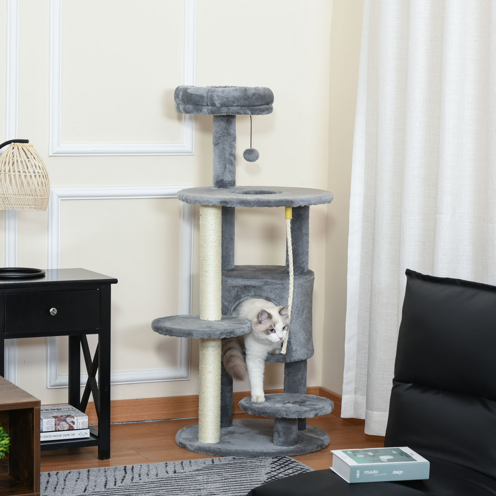Pawhut dark grey cat tree tower with hanging ball toy and teasing rope for feline climbing and play activity.