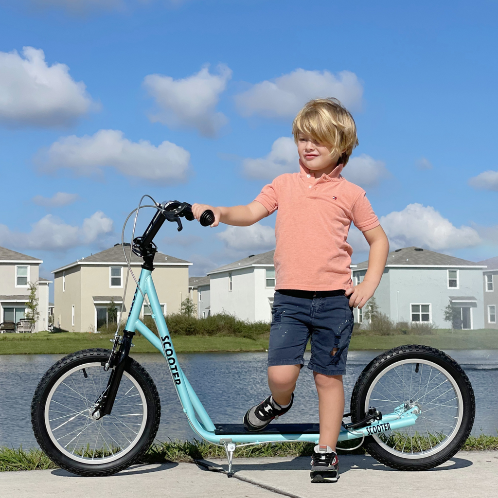 Blue HOMCOM Kids Kick Scooter with adjustable handlebar and inflatable wheels for ages 5 and up.