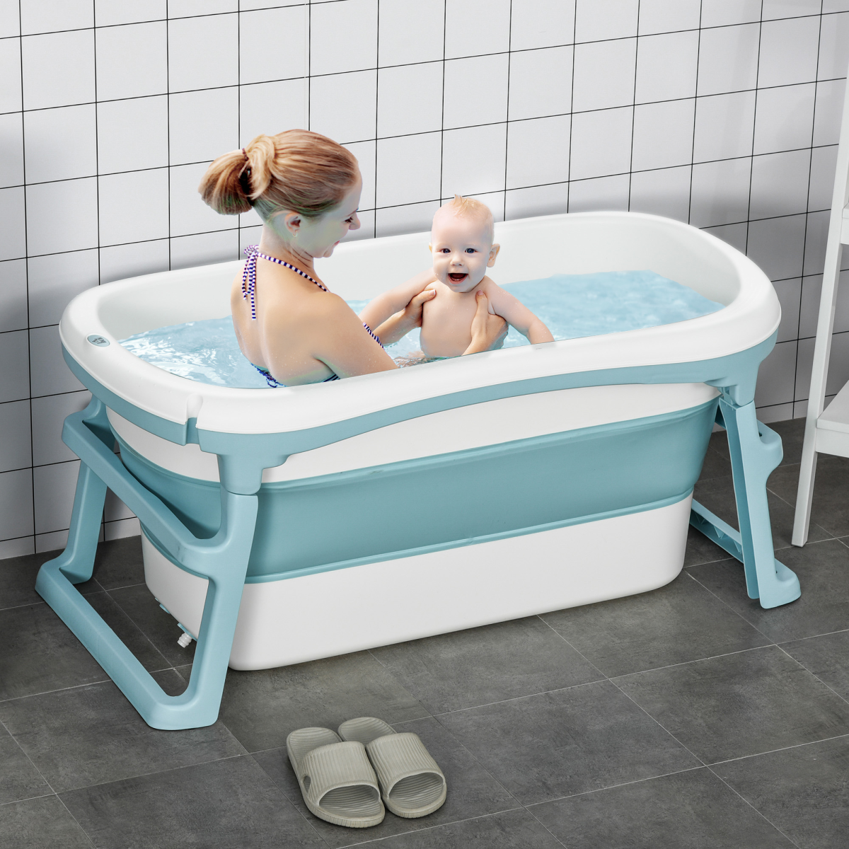 HOMCOM Foldable Kids Bath Tub with lid, large design suitable for children aged 1 to 12 years, shown in a colorful setting.