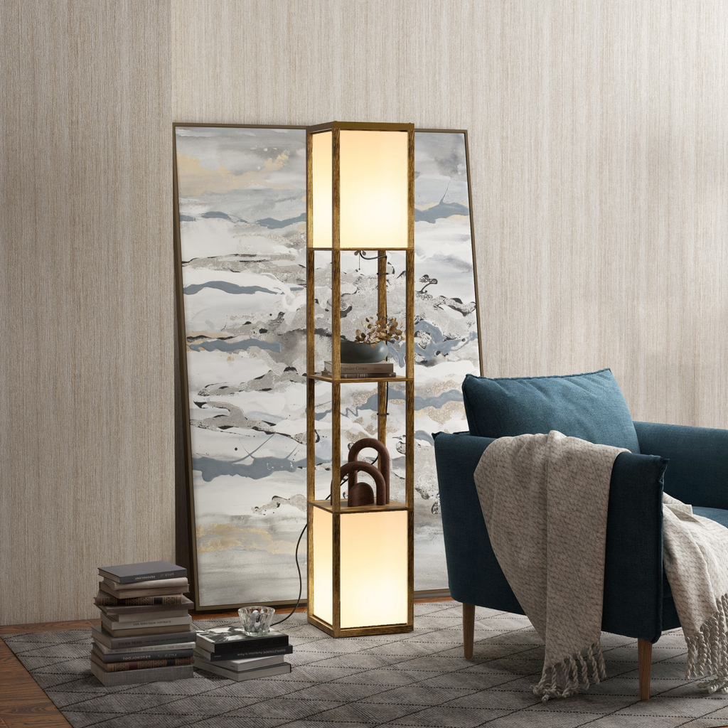 Brown HOMCOM shelf floor lamp with dual lights and two display shelves, showcasing a modern home decor design.
