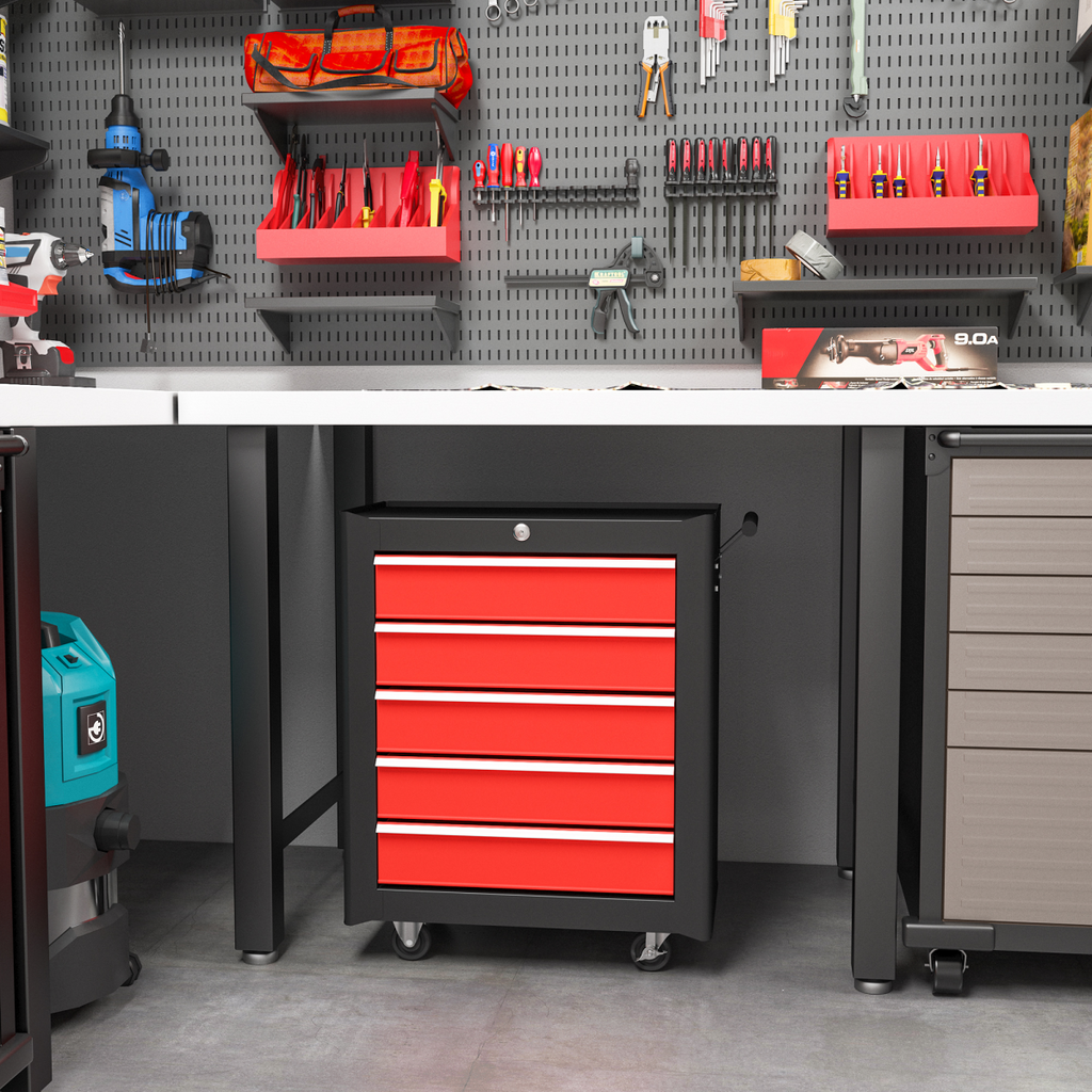 5-drawer red rolling tool chest by HOMCOM, featuring a lockable steel cabinet and wheels for easy mobility.