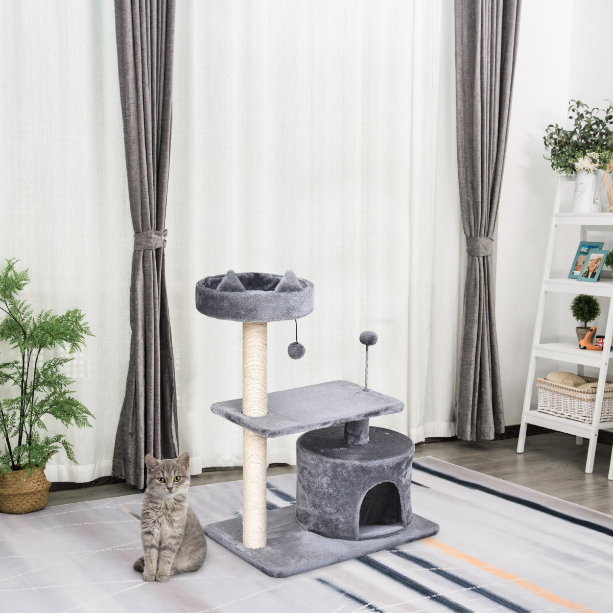 Pawhut 81cm cat tree scratching post tower with multiple levels for kittens and large cats, featuring cozy hideouts.