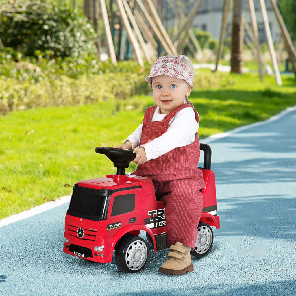 Red HOMCOM 3-in-1 Ride On Car for kids, styled as a Mercedes truck with storage, suitable for ages 12 to 36 months.