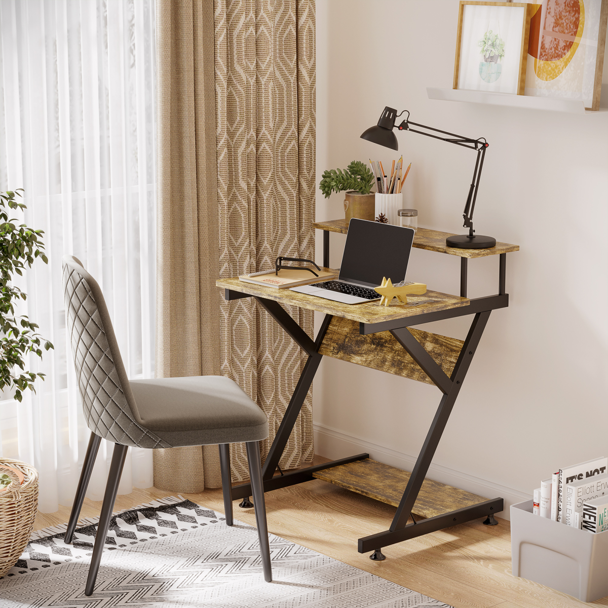 Computer Desk with Monitor Shelf and Storage, R Shaped Brown
