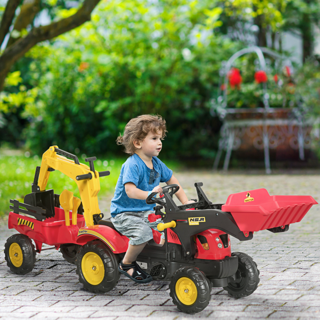 HOMCOM pedal-powered tractor ride-on car with bucket and steering wheel for kids aged 3-6 years in a colorful outdoor setting.