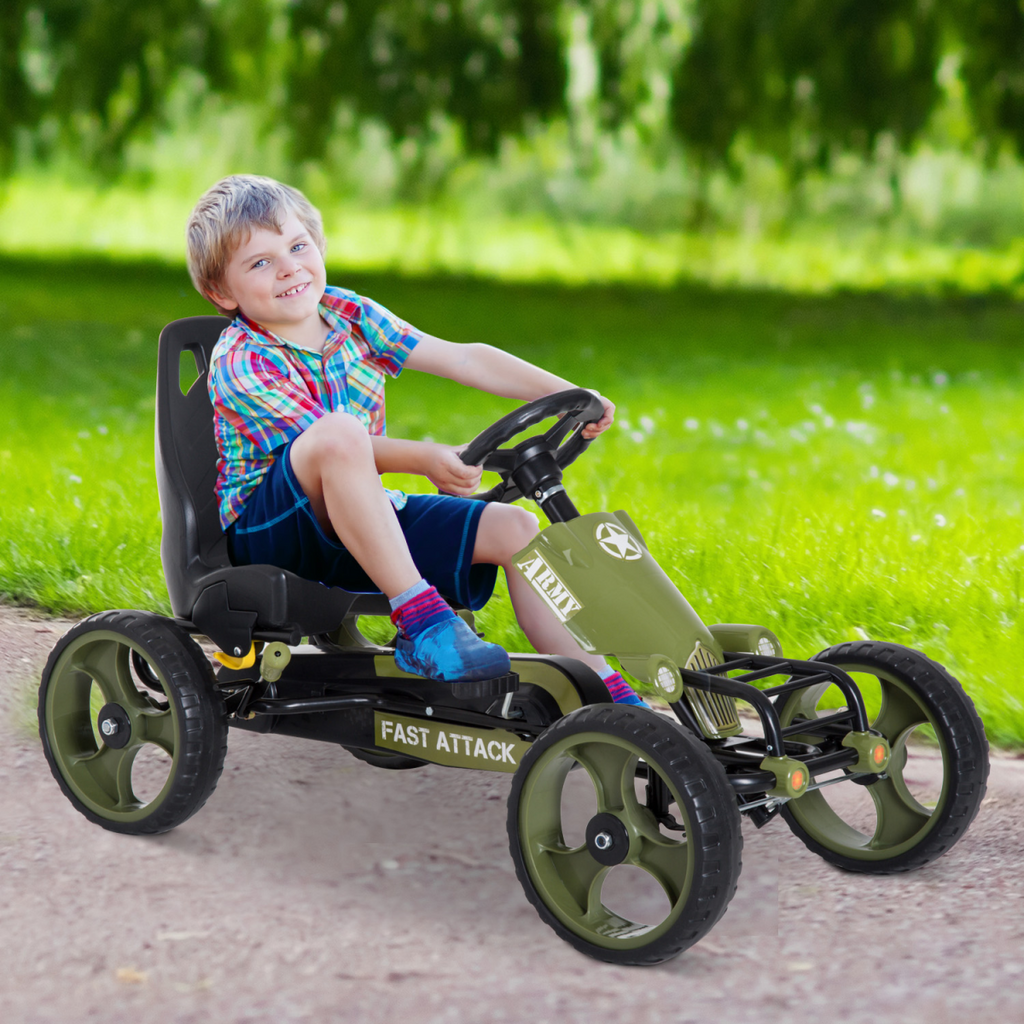 Green FunZone pedal go-kart featuring a hand brake, adjustable seat, and racing design for ages 3-6.