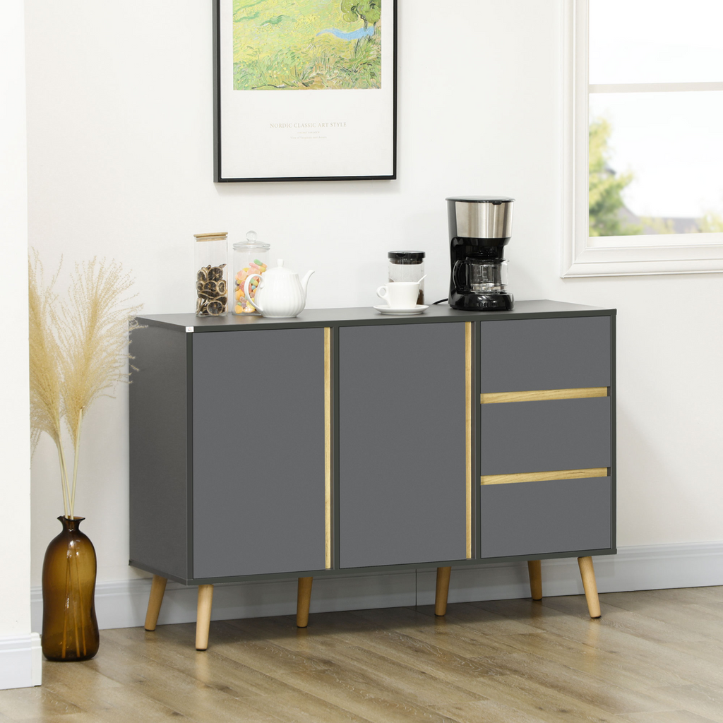 Dark grey HOMCOM sideboard kitchen cupboard with 2 cupboards, 3 drawers, and adjustable shelves.