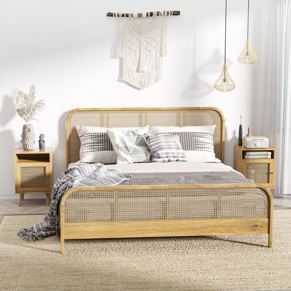 Natural wood HOMCOM rattan nightstand featuring a cabinet and shelf, ideal for bedside storage and decoration.