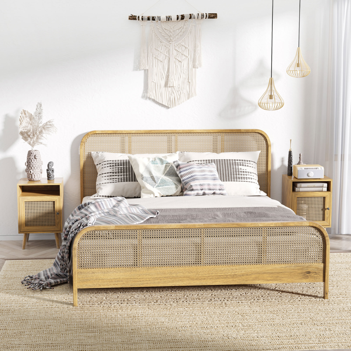 Natural wood HOMCOM rattan nightstand featuring a cabinet and shelf, ideal for bedside storage and decoration.
