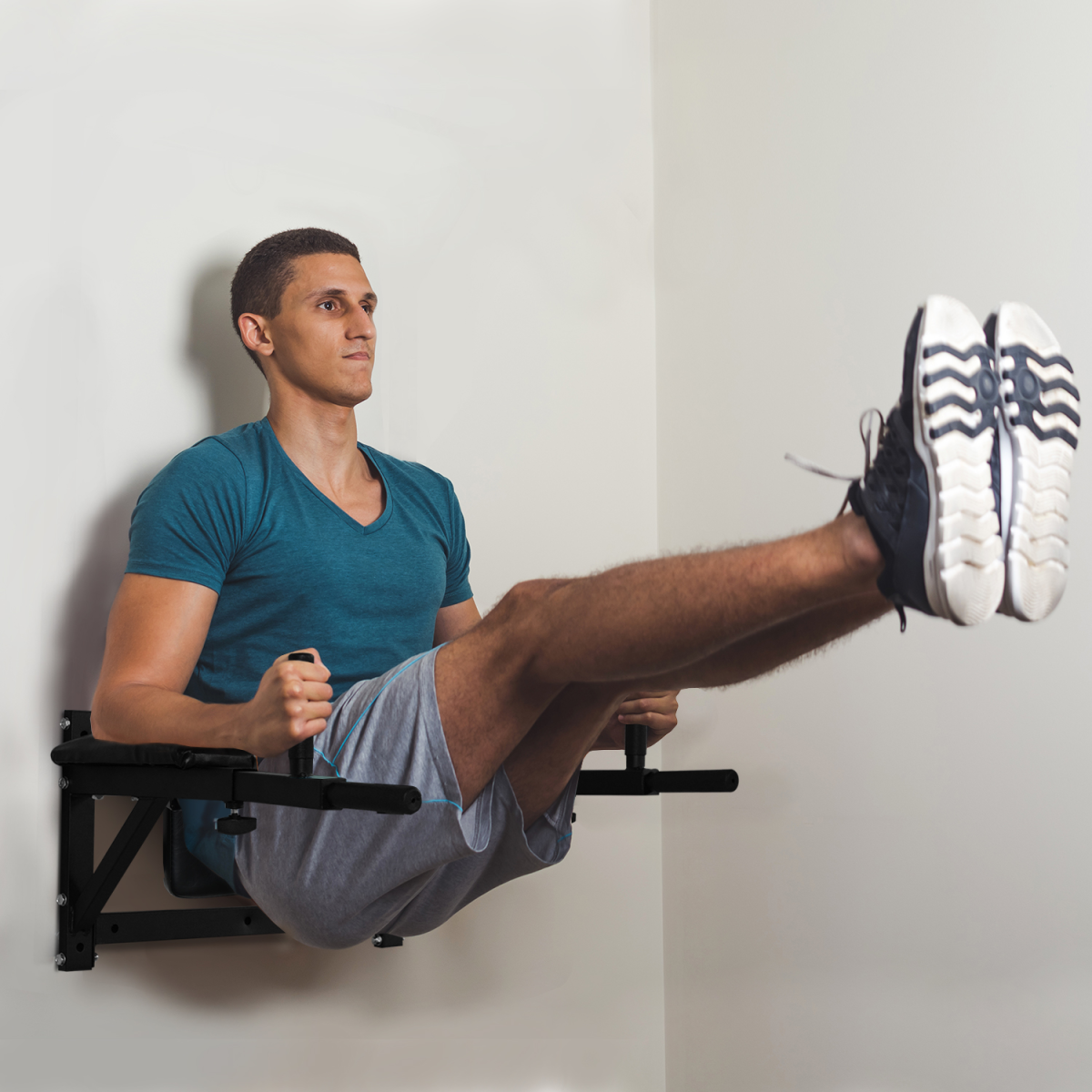 Wall mounted gym rack dip station with AB knee leg raise and pull-up bar, designed for strength training workouts.