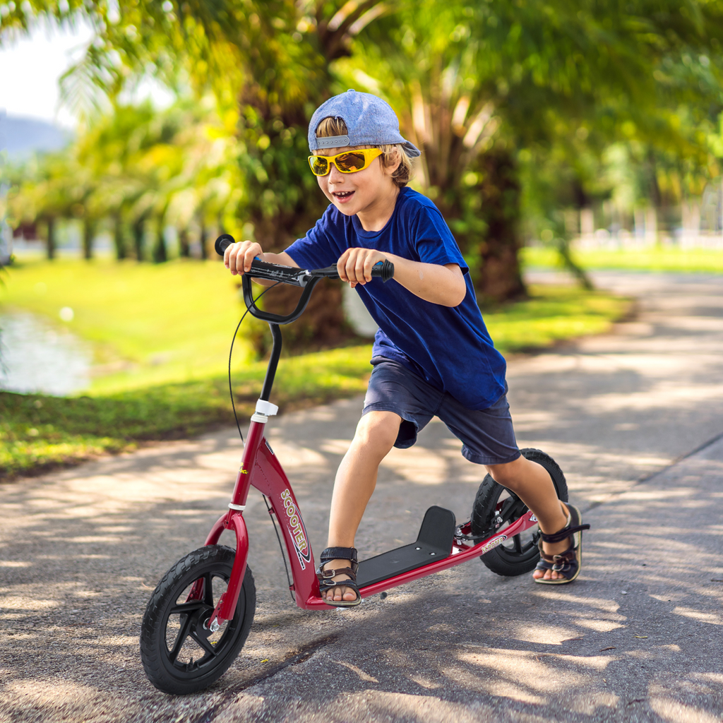 Red Teen Stunt Scooter with 12" EVA wheels, adjustable height, designed for ages 5 and up by FunZone.