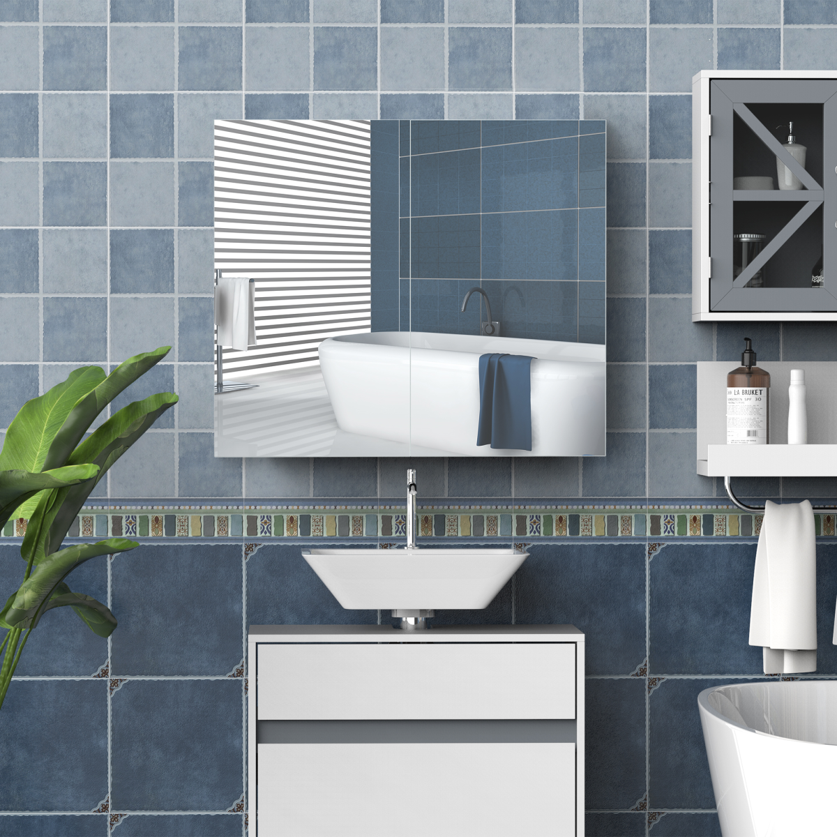 Wall Mounted Bathroom Mirror Storage Cabinet with Door & Adjustable Shelf