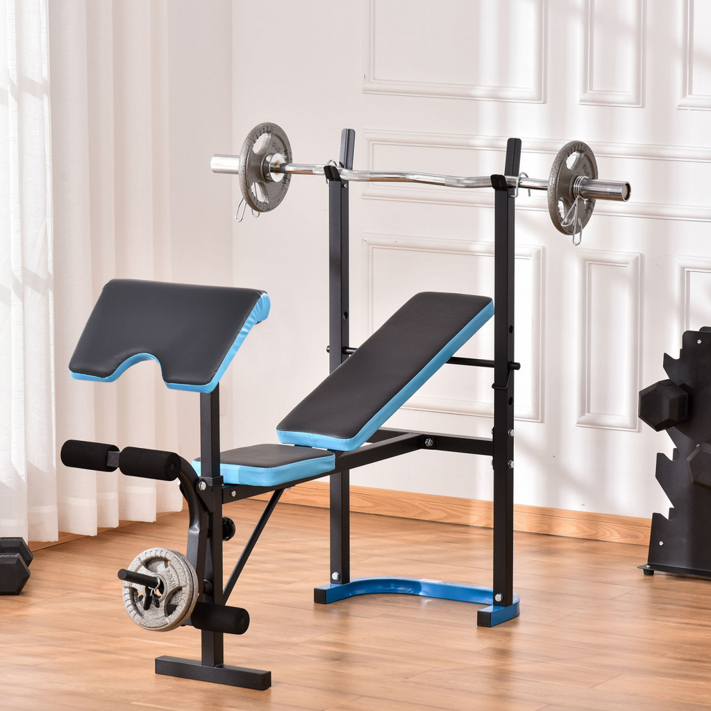 Adjustable weight bench with leg developer and barbell rack for home gym by ActiveGear, showcasing versatile workout positions.