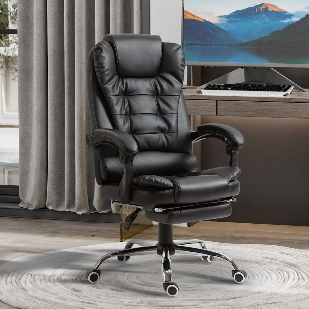 HOMCOM high back office chair with footrest, PU leather upholstery, and swivel feature in black color.