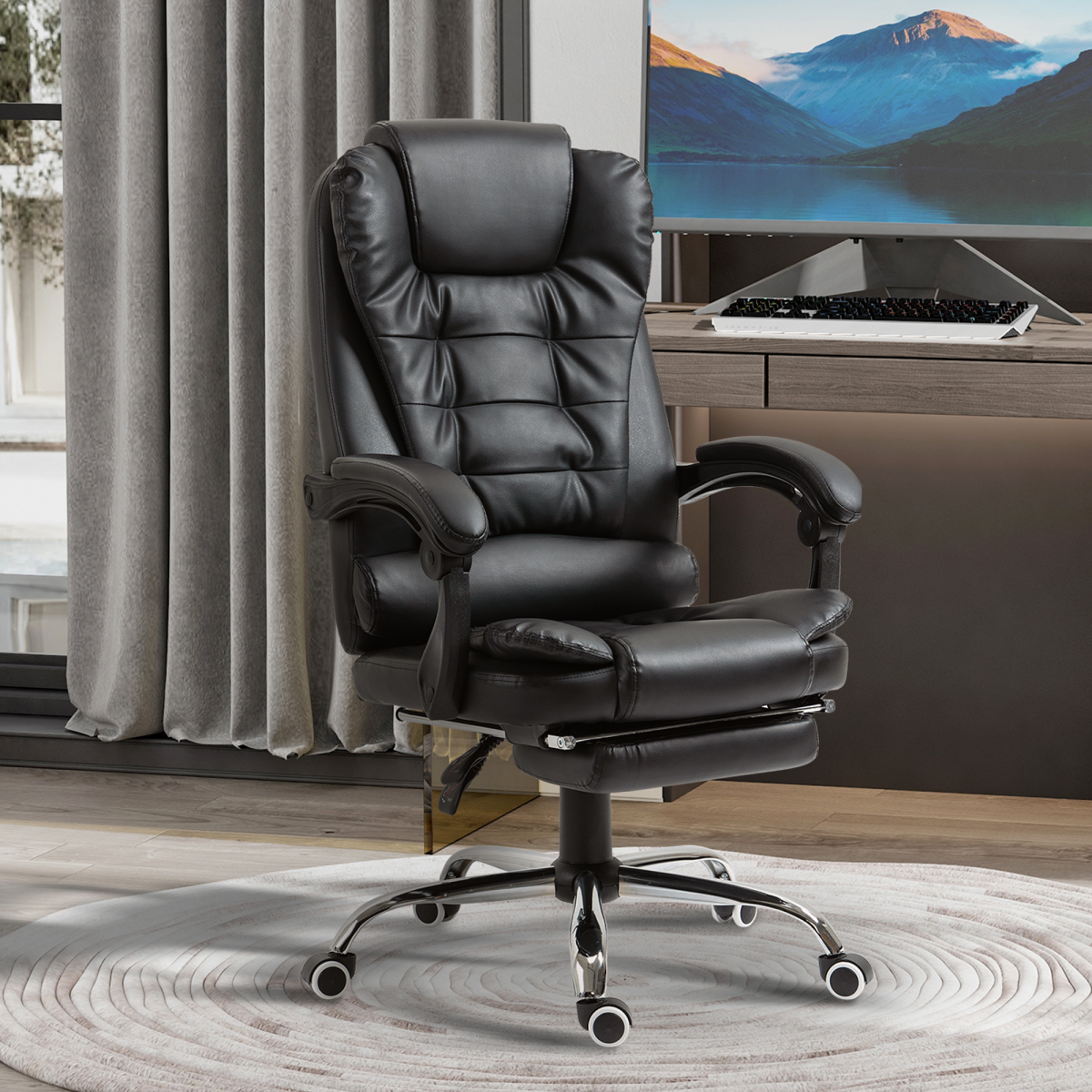 HOMCOM high back office chair with footrest, PU leather upholstery, and swivel feature in black color.