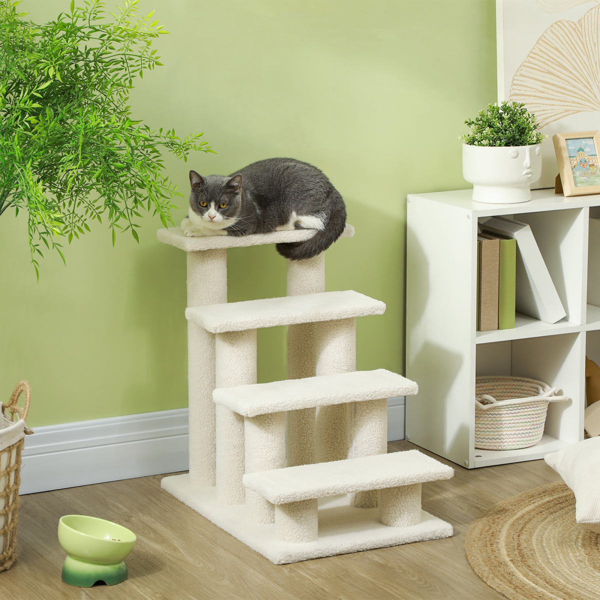 Brown Pawhut pet ramp stairs with 4 steps for cats, designed for safe climbing and easy access to elevated areas.